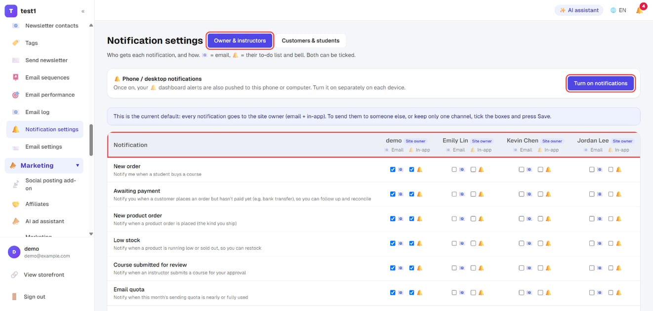 The "Owner & instructors" tab: each notification × each person, with "Email" and "In-app" ticks; "Turn on notifications" at the top