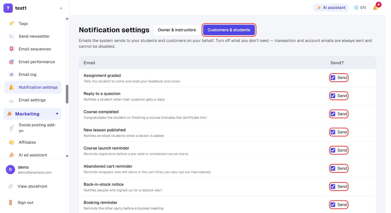 The "Customers & students" tab: each email sent to students has its own "Send" tick