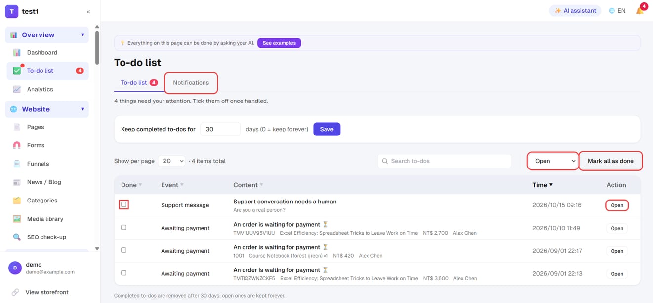 Overview → To-do list: the done tick, "Open", the filter and "Mark all as done"; the "Notifications" tab next to it