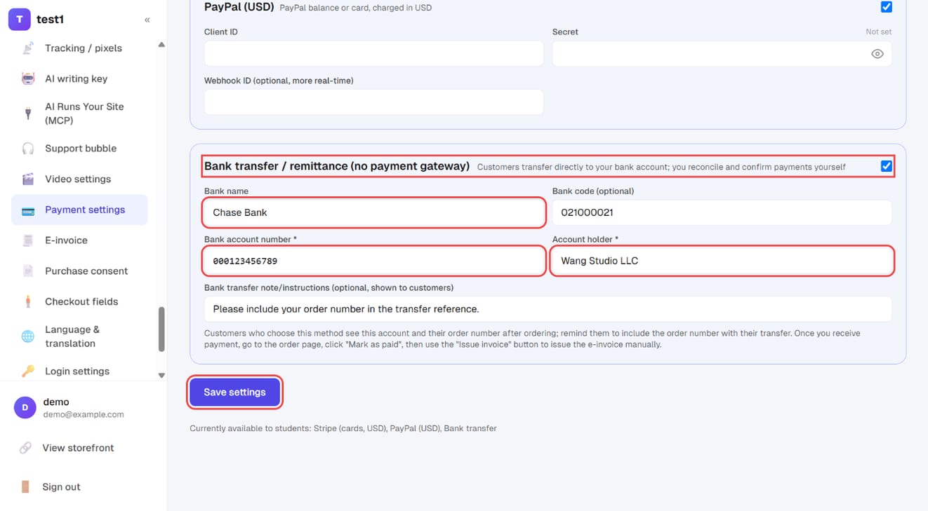 Bank transfer details and "Save settings"; the line below shows which methods students can use right now