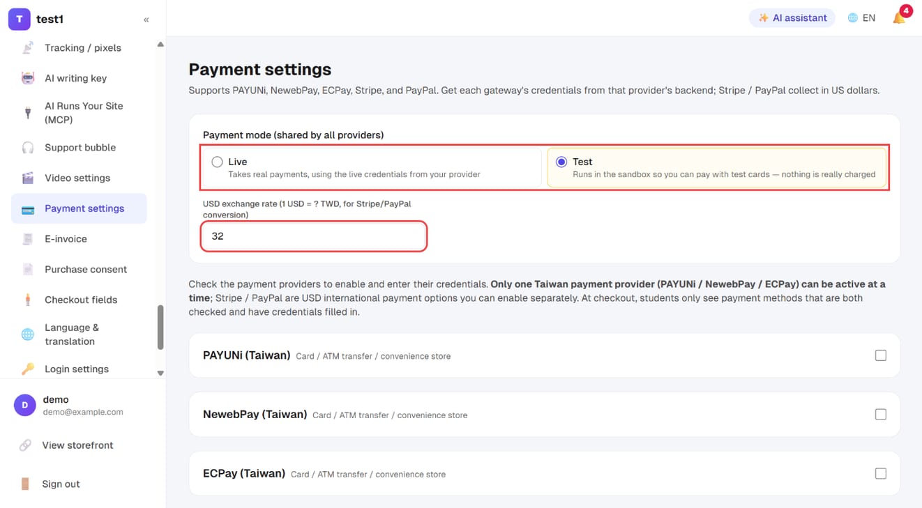 Settings → Payment settings: payment mode (Live / Test) and the USD exchange rate