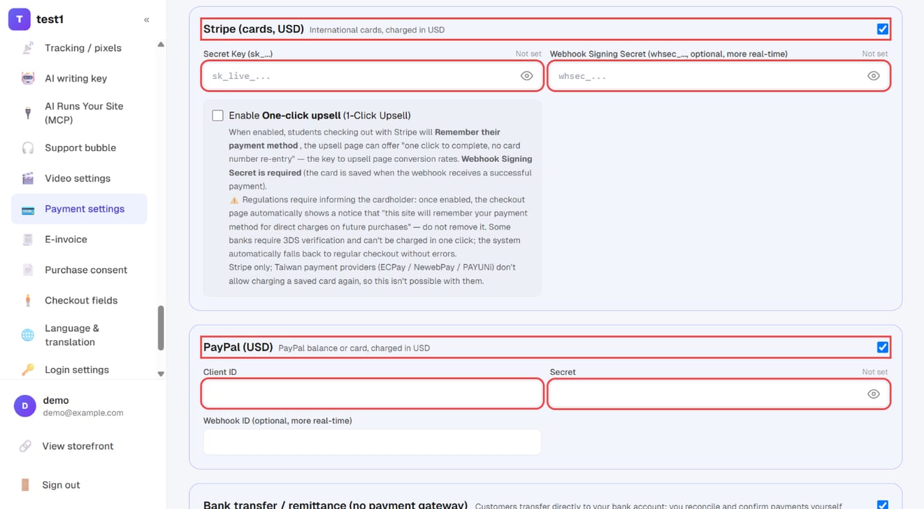 The Stripe and PayPal cards: tick to enable, then fill in the keys