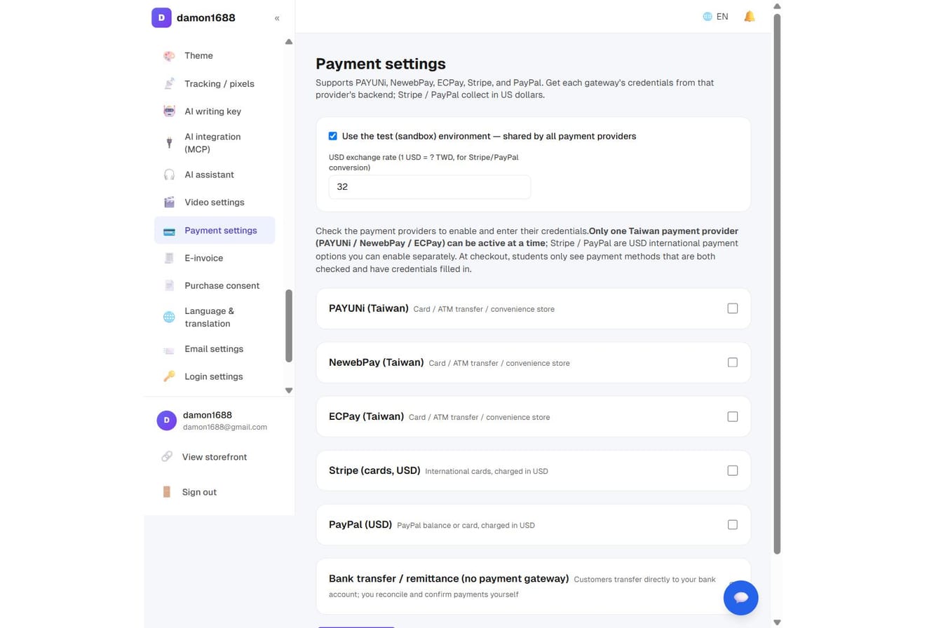 Payment settings page: enable the providers you want and fill in their credentials