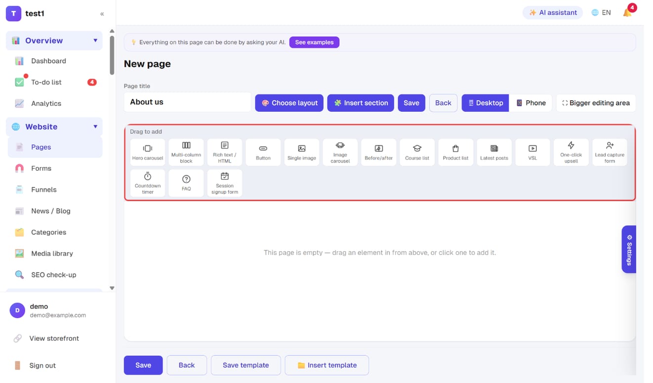 "Drag to add": Hero carousel, Multi-column block, Rich text / HTML, Button, Single image, Course list and more
