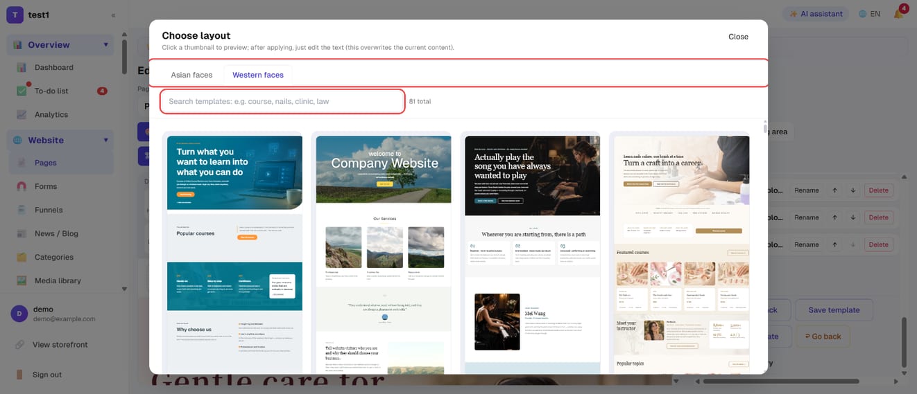 "Choose layout": the Asian / Western faces tabs, the search box and layout thumbnails
