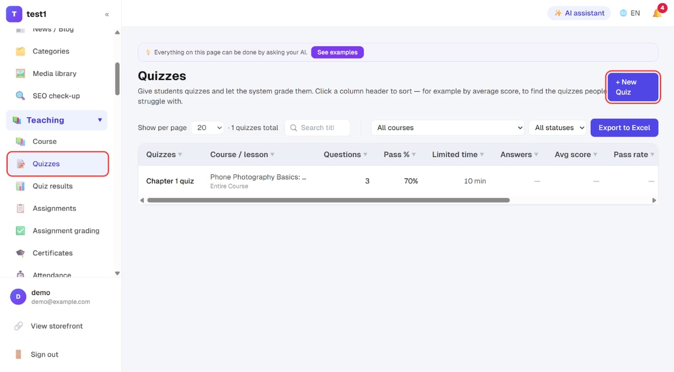 Teaching → Quizzes: the quiz list, with "+ New Quiz" at the top right