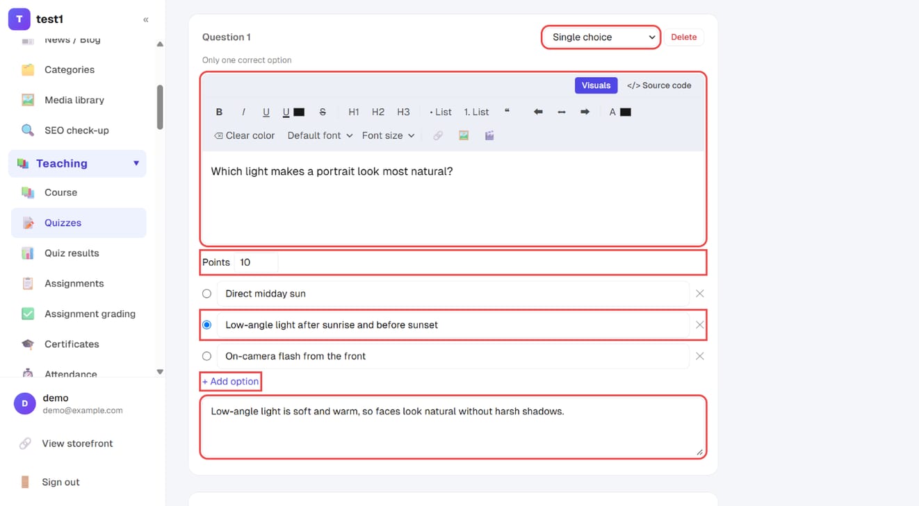A single-choice question: type, question, points, the correct option, "+ Add option" and the explanation