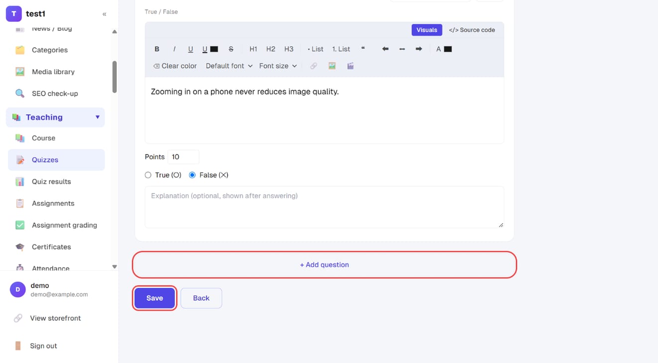 "+ Add question" and "Save" at the bottom of the page