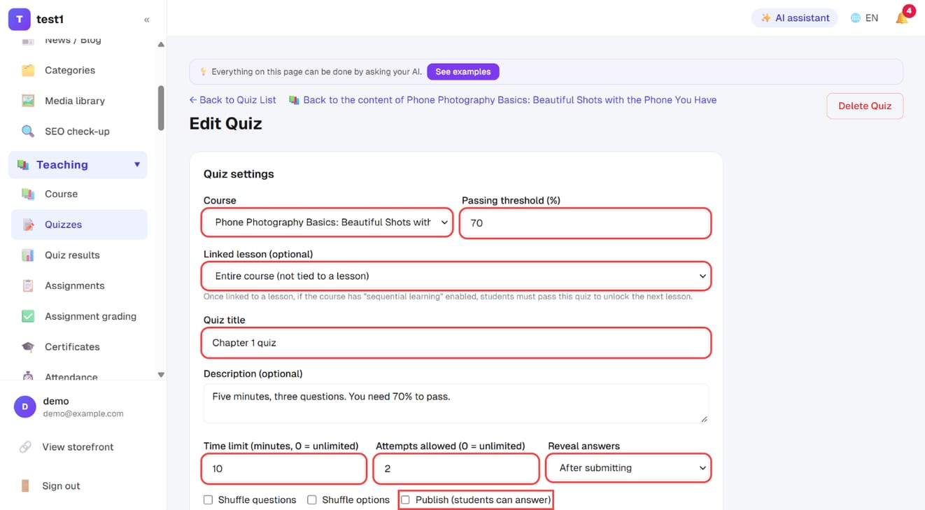 Quiz settings: course and lesson, passing threshold, title, time limit, attempts, reveal answers and publish