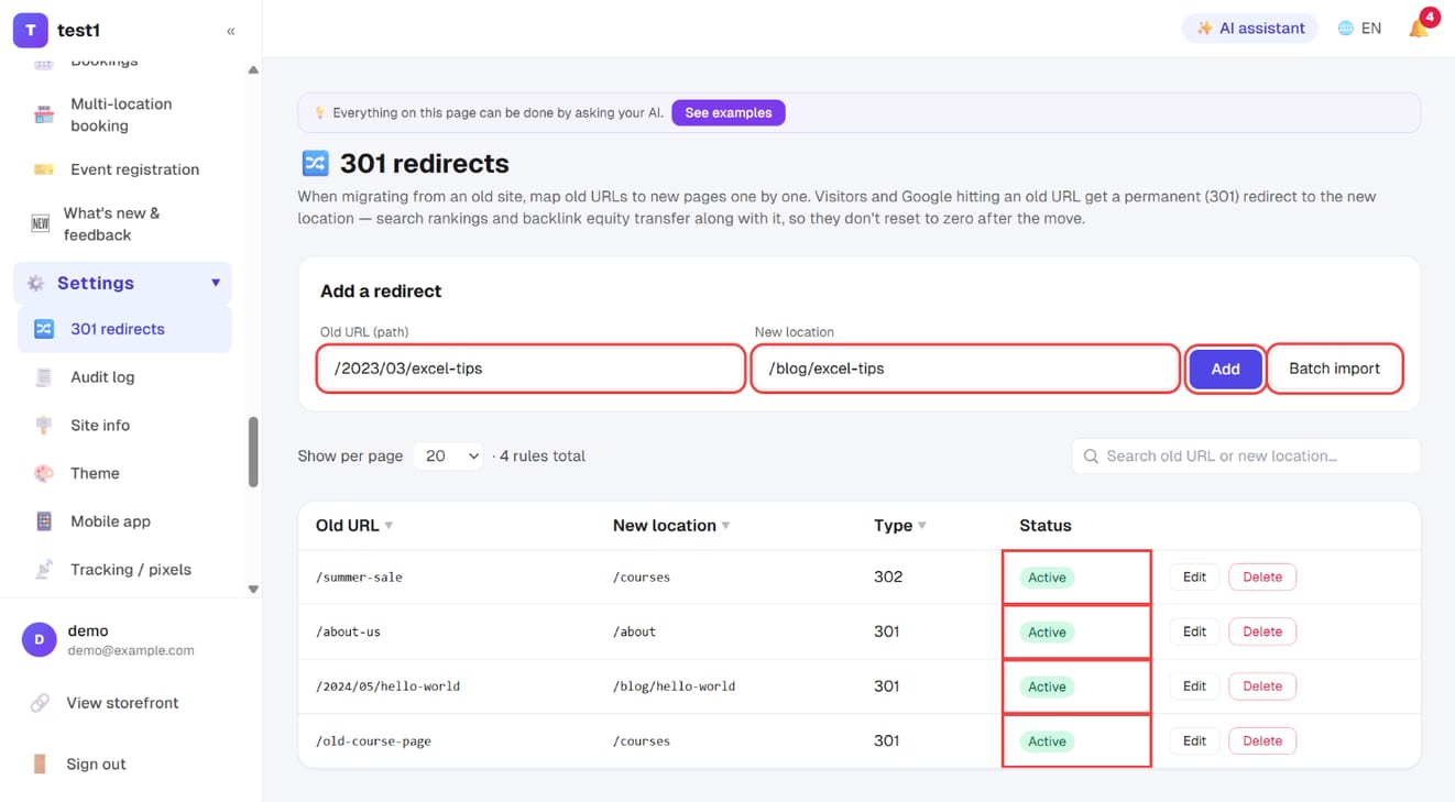 Settings → 301 redirects: old URL, new location, "Add", "Batch import" and each rule's status