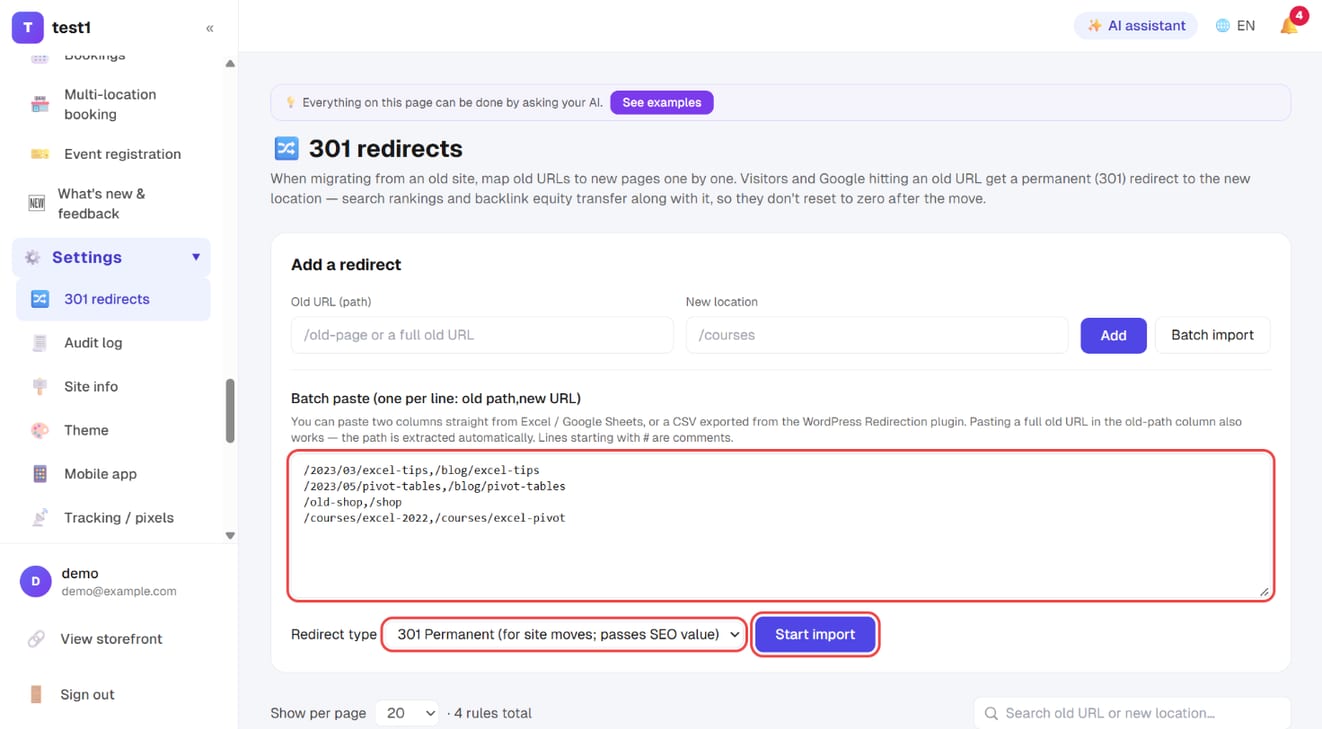 Batch import: one "old path,new URL" per line, the redirect type and "Start import"