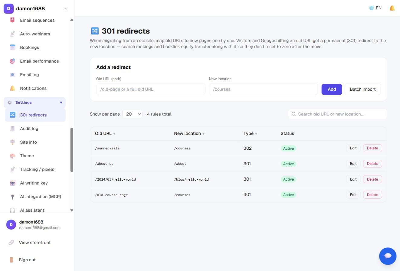301 redirects: add one or import in bulk on top, the rule list below