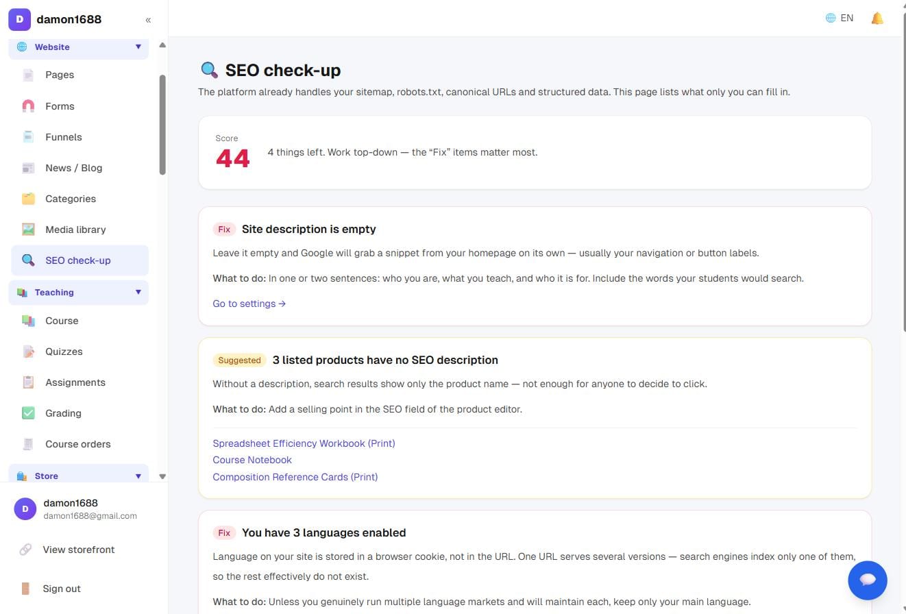 The SEO check: score top left, then outstanding items and completed ones