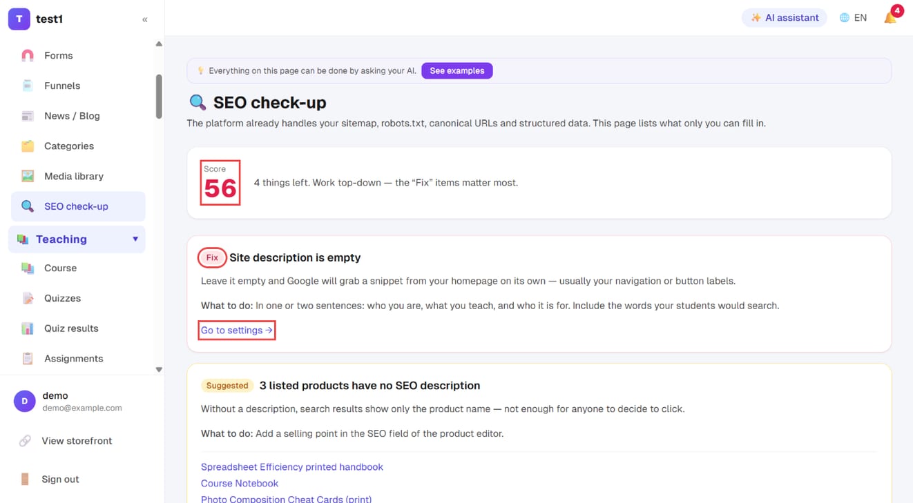 Website → SEO check-up: the score, a "Fix" item and "Go to settings"