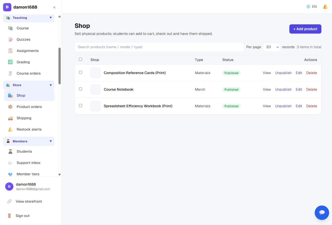 The product list: each product with its type and publish status