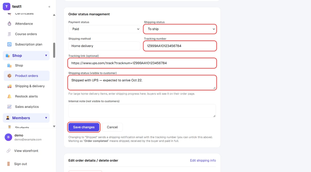 Order status management on the order page: shipping status, tracking number, tracking link, customer-visible status and "Save changes"