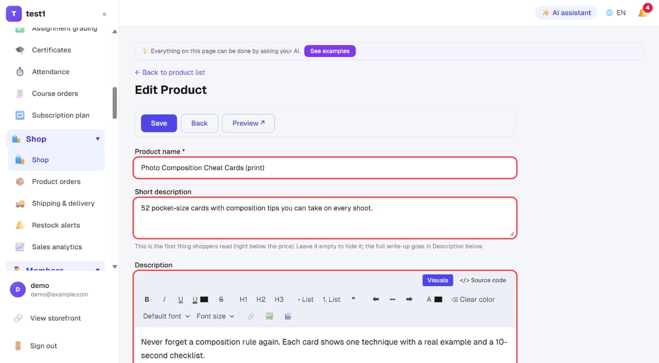 Product name, short description and description