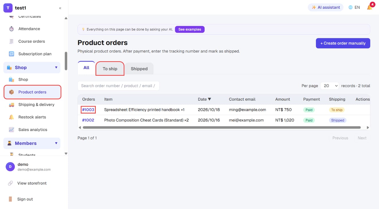 Shop → Product orders: the "To ship" tab and the order number