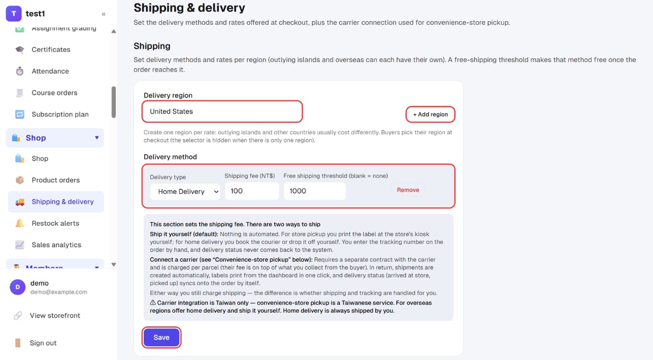 Shop → Shipping & delivery: delivery region, add region, the home delivery rate and free-shipping threshold, and "Save"