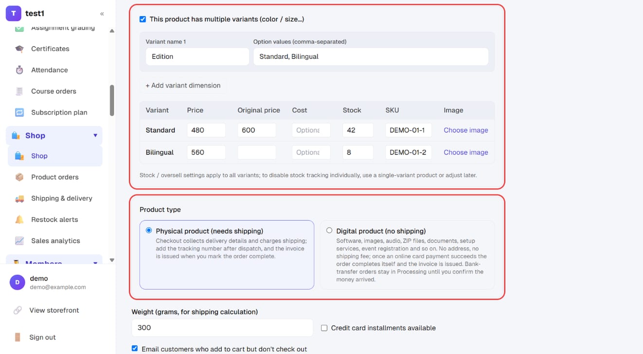 Multiple variants: variant name and option values, add variant dimension, price and stock per combination; the product type below
