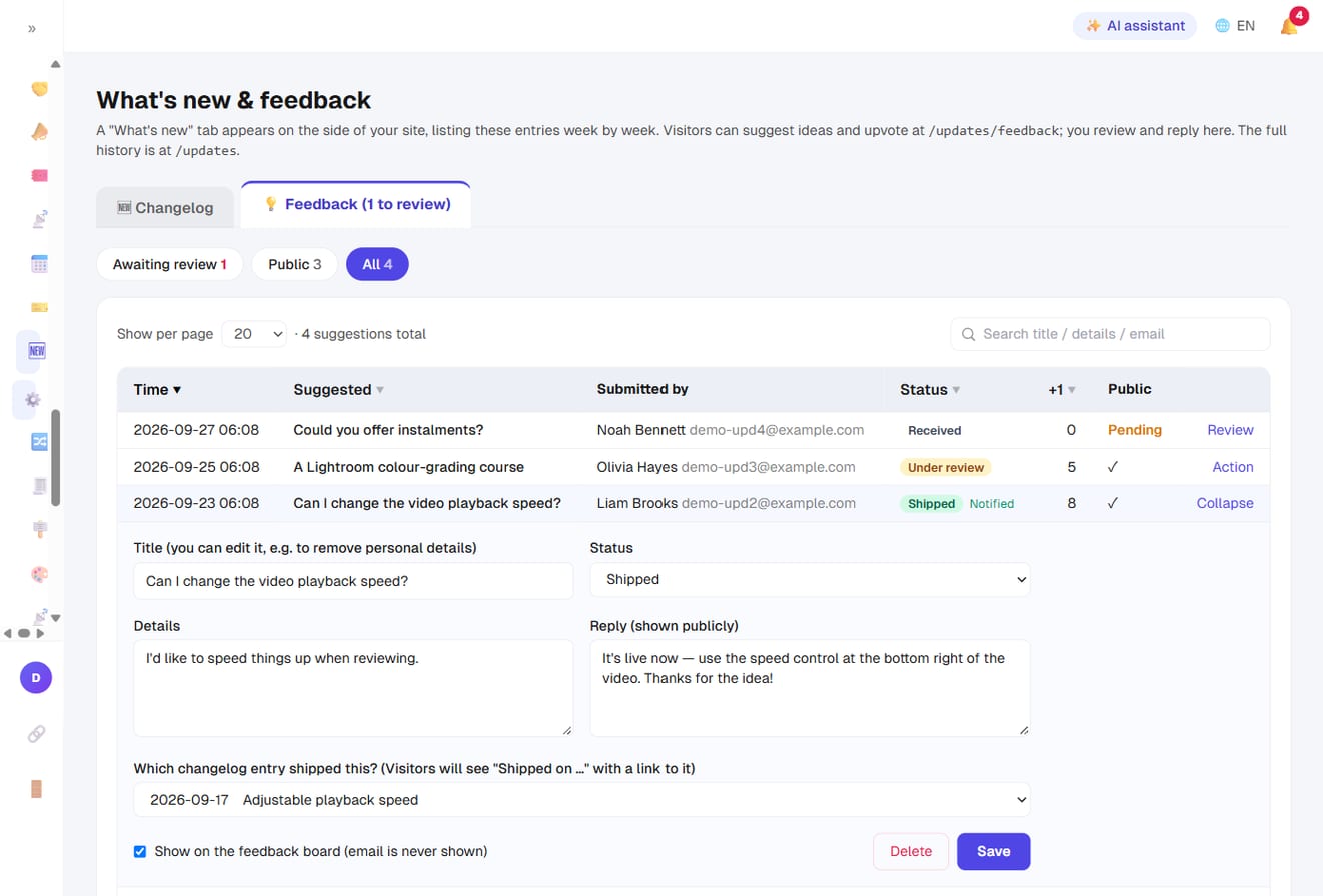 Reviewing feedback: edit the title and details, pick a status, write a public reply, and link the changelog entry that shipped it