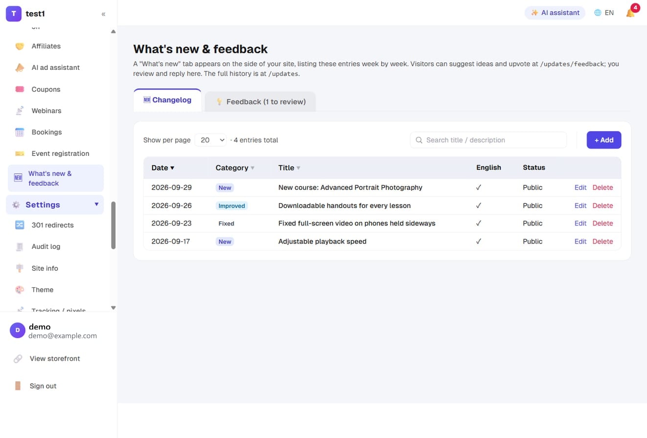 The changelog list in "What's new & feedback": date, category, title, whether English is filled in, and public or draft