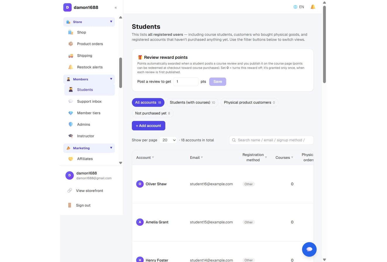 The students page — everyone you import shows up here