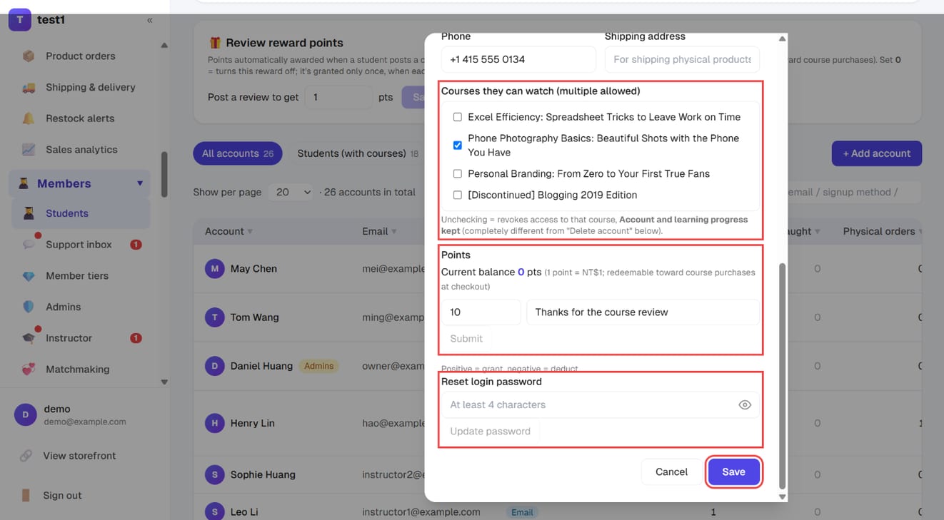 Edit account: courses they can watch, points and reset login password