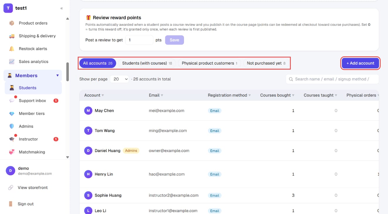 Members → Students: the four filter buttons and "+ Add account"