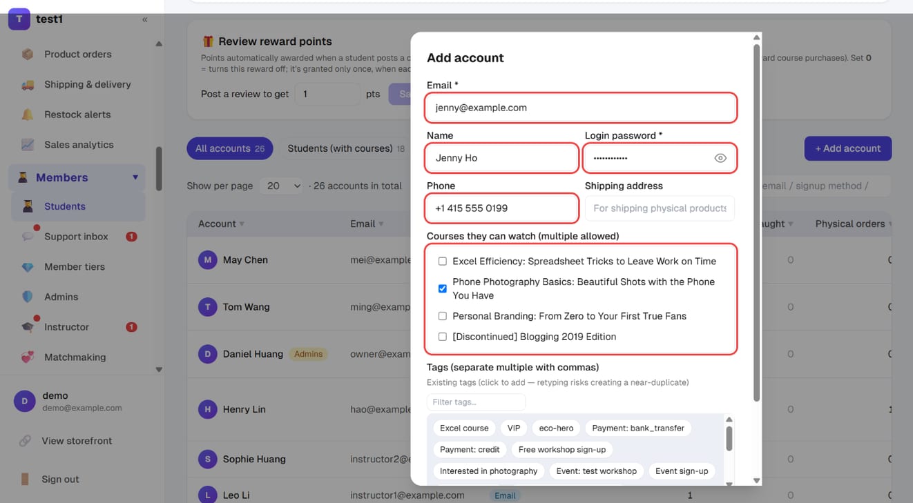Add account: email, name, login password, phone, and the courses they can watch