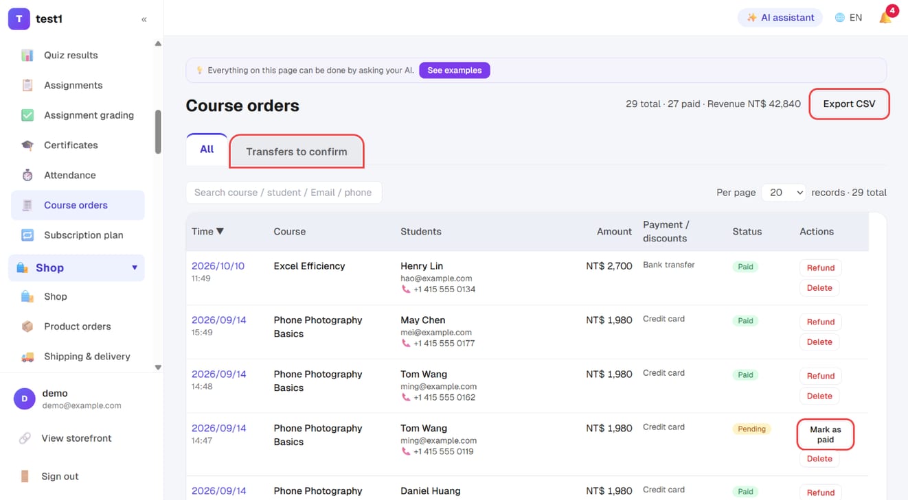 Teaching → Course orders: "Transfers to confirm", "Mark as paid" and "Export CSV"