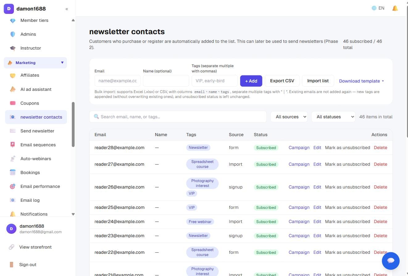 The subscriber list: leads from ads arrive tagged, alongside every other source