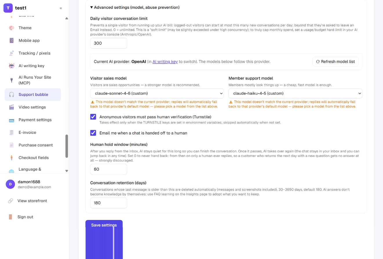 Advanced settings: daily limit, models, verification, notifications, hold window, retention