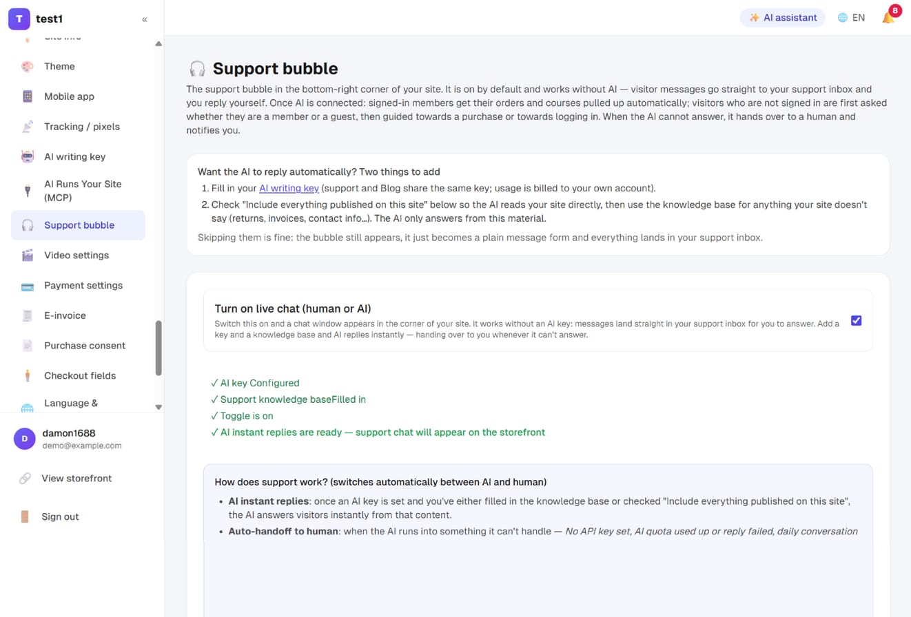 Settings → Support bubble: the on switch and all four status items ticked