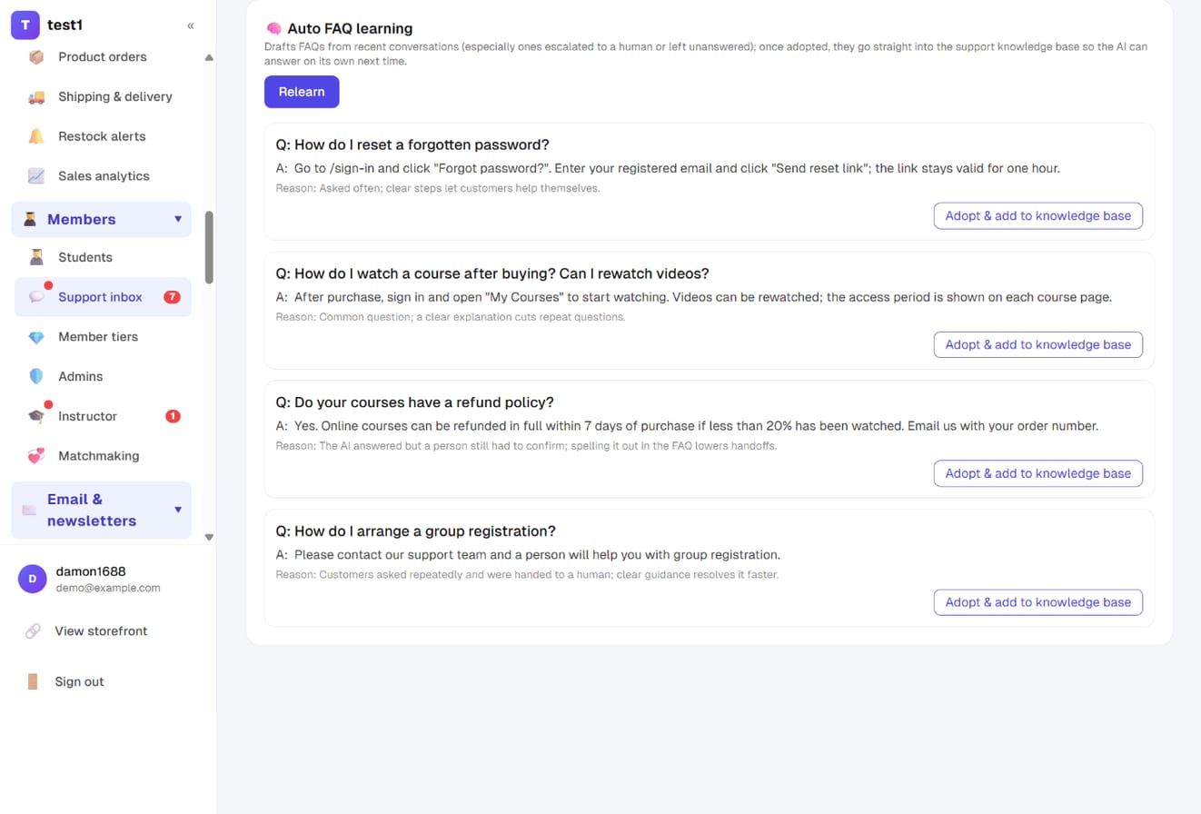 Auto FAQ learning: drafted Q&As with "Adopt & add to knowledge base"