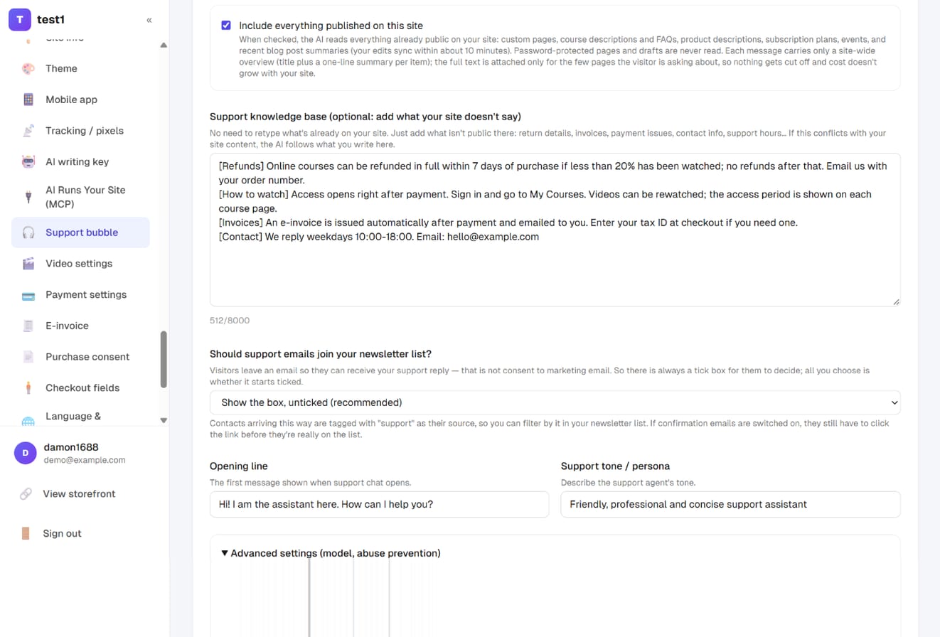 Include everything published on this site, knowledge base, newsletter box, opening line and tone