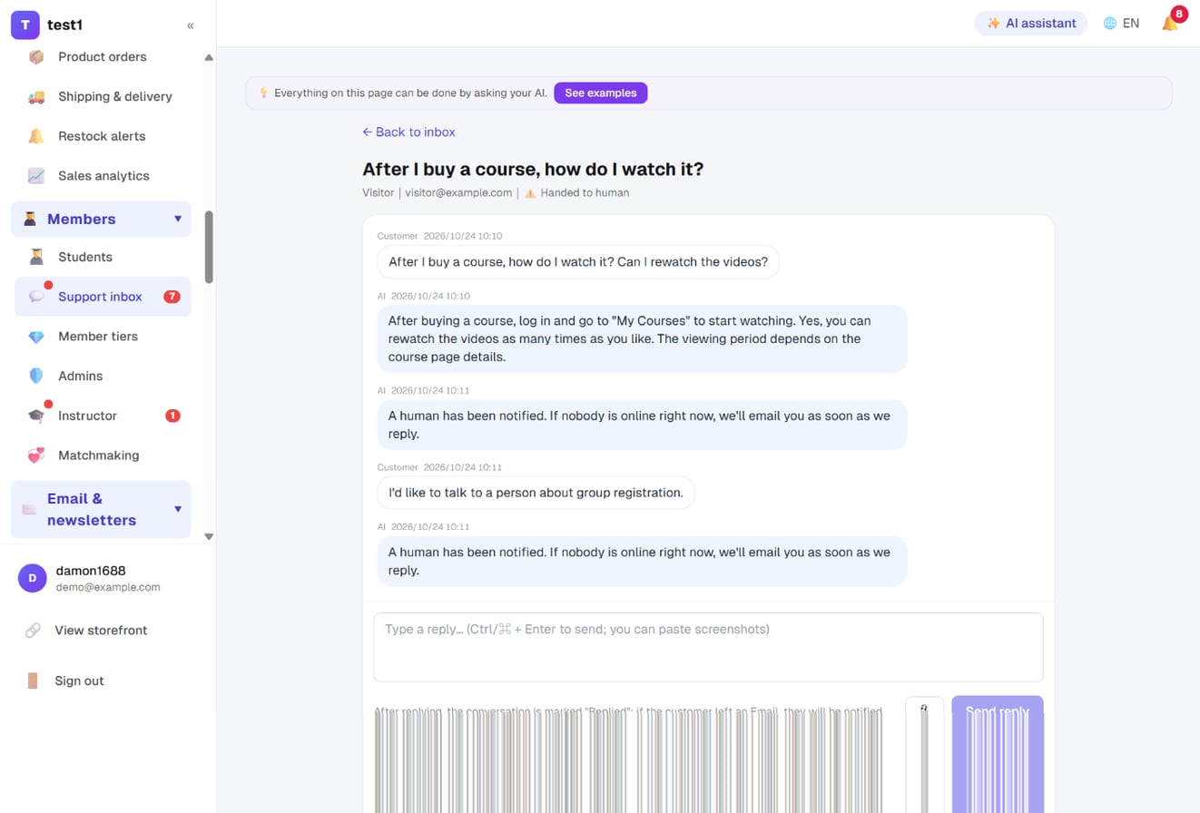 Conversation page: the full exchange and "Send reply"