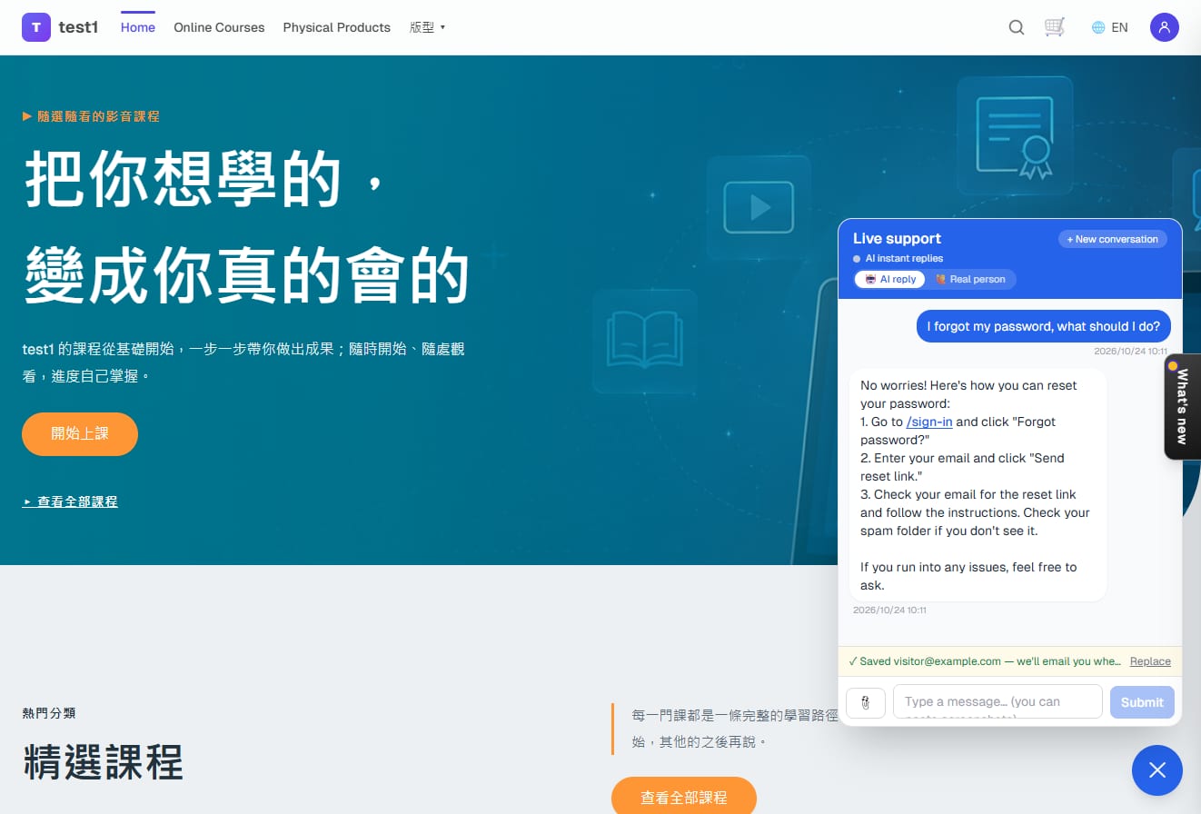Chat widget: asked "I forgot my password", the AI gives the /sign-in reset steps