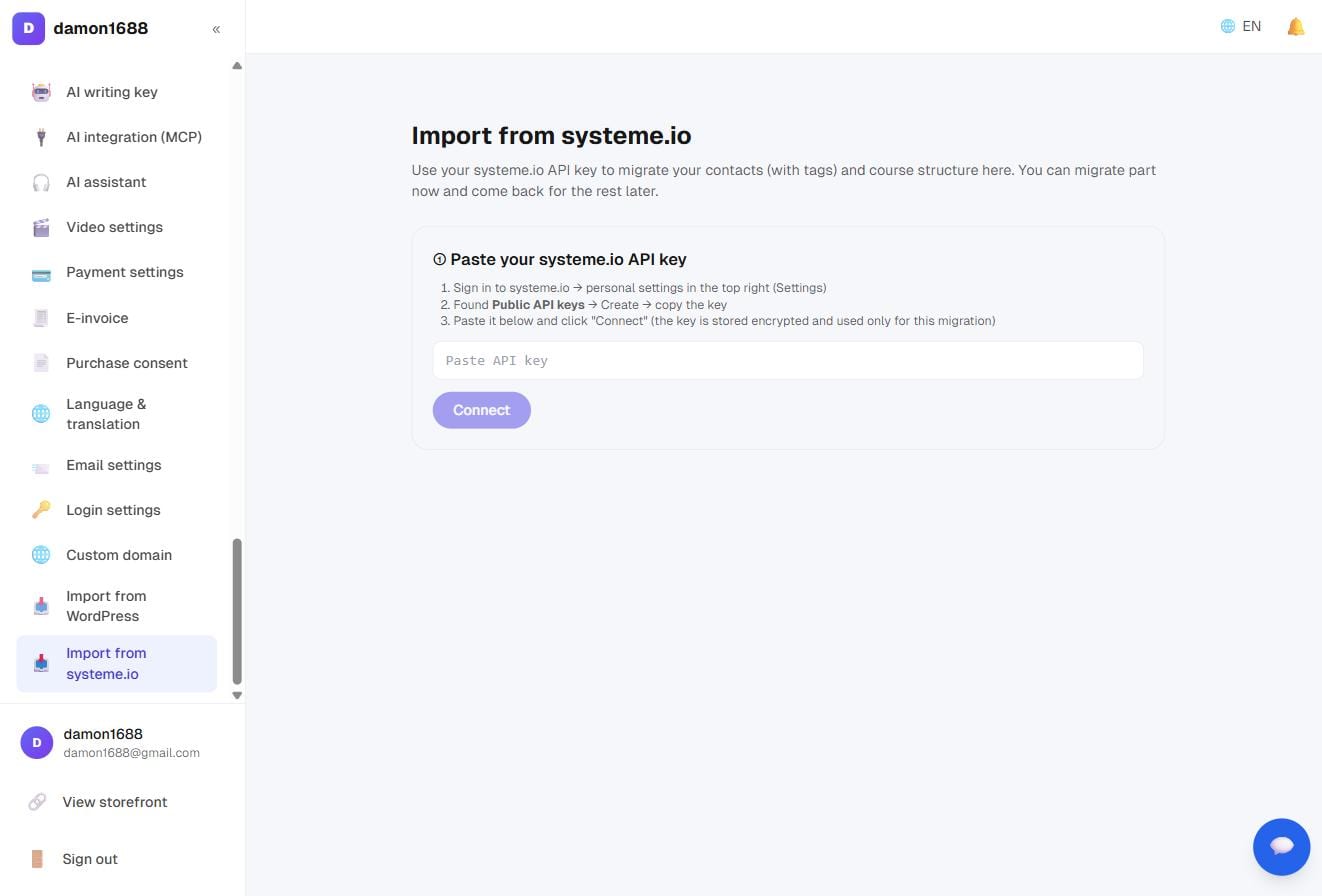 Step one: paste your systeme.io API key and connect — what's detected is listed once you're connected