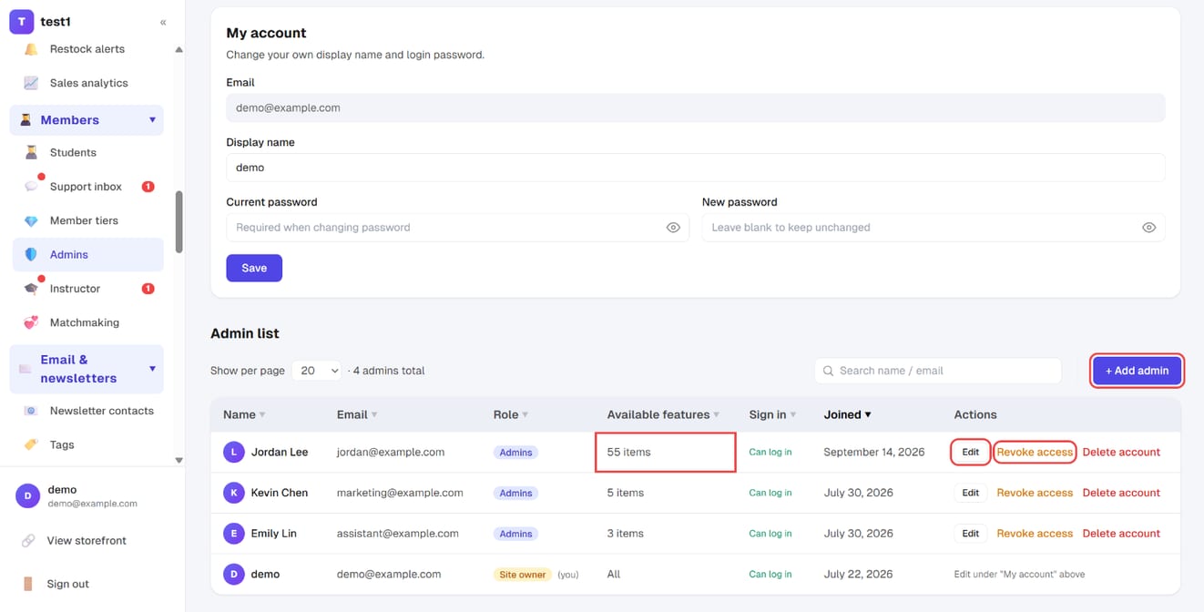 Members → Admins: the admin list, "+ Add admin", available features, "Edit" and "Revoke access"