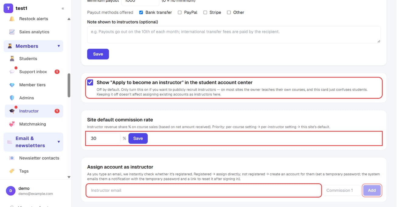 The instructor "Settings" tab: the apply-to-teach switch, the site default commission rate and "Assign account as instructor"