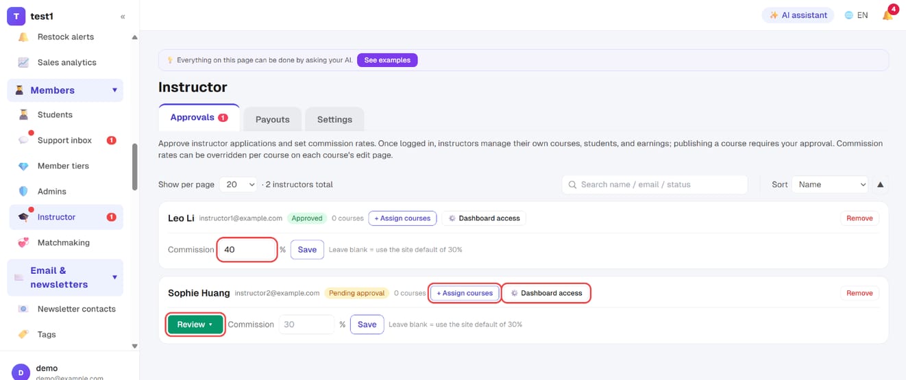 The "Approvals" tab: Review, "+ Assign courses", "Dashboard access" and the individual commission
