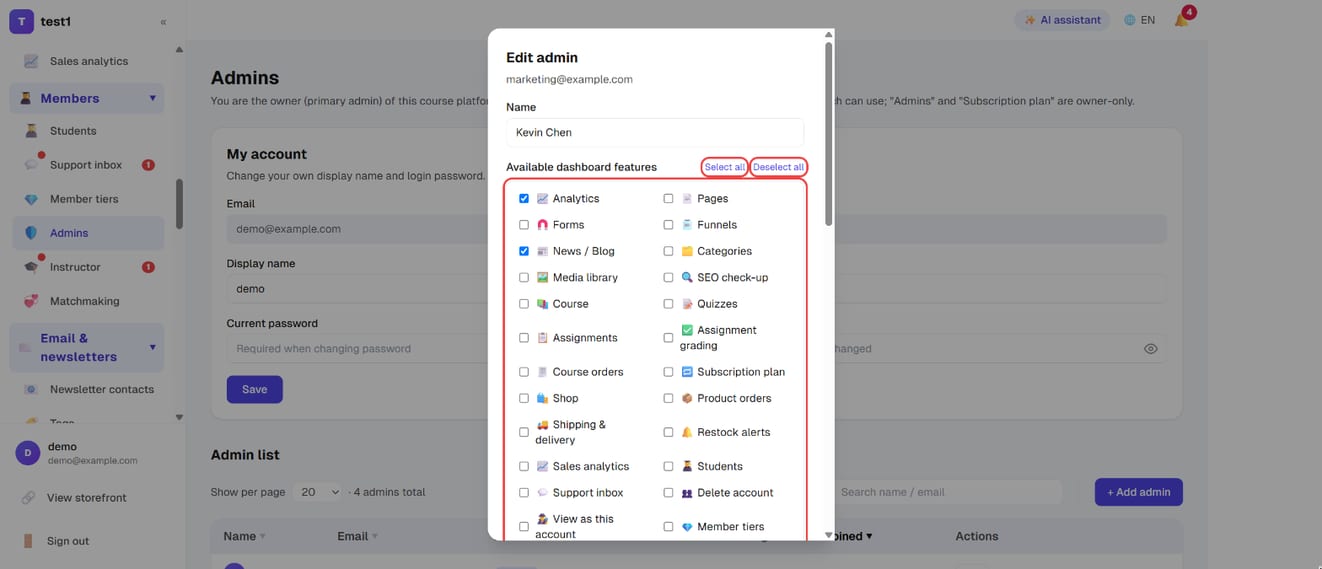 Edit admin: the available dashboard features, "Select all" and "Deselect all"