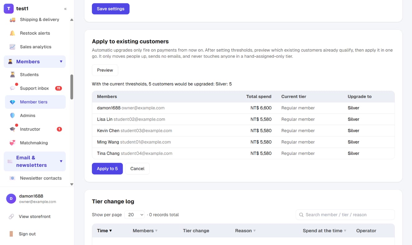 Apply to existing customers: Preview lists five customers who would move up to Silver, with "Apply to 5" below