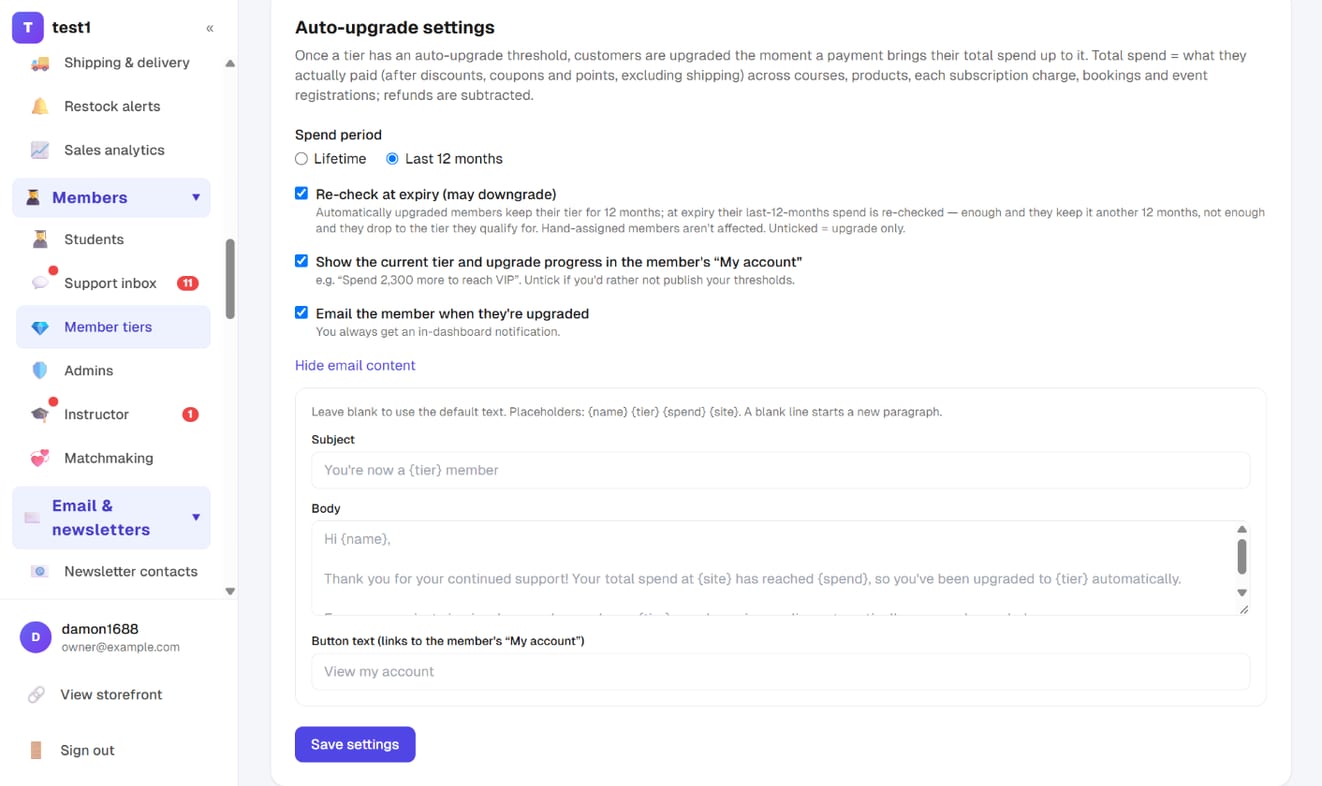 Auto-upgrade settings: spend period, re-check at expiry, upgrade progress in My account, and the upgrade email's subject, body and button text