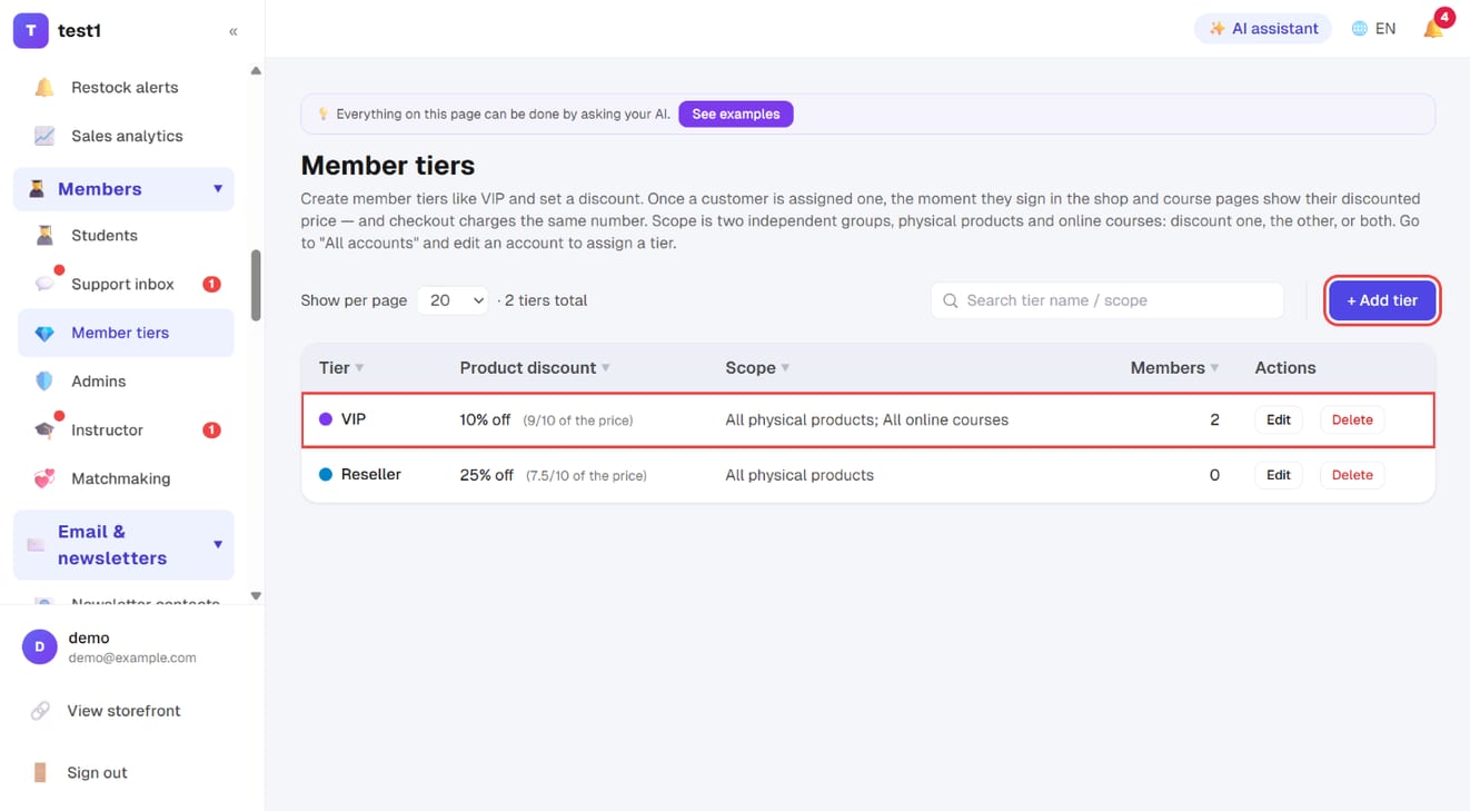 Members → Member tiers: the tier list and "+ Add tier"