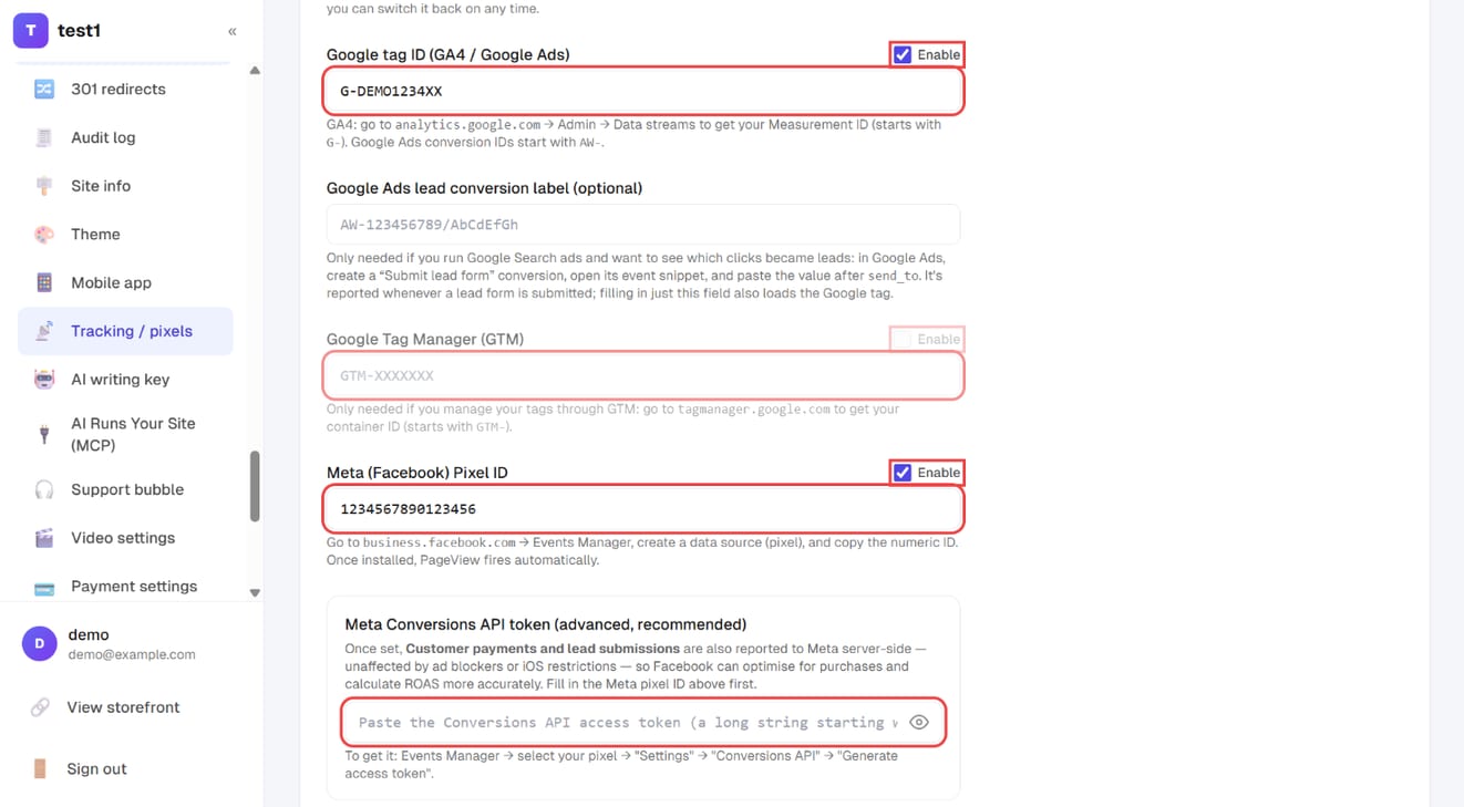 The Google tag ID, GTM and Meta pixel ID with their "Enable" ticks, and the Meta Conversions API token