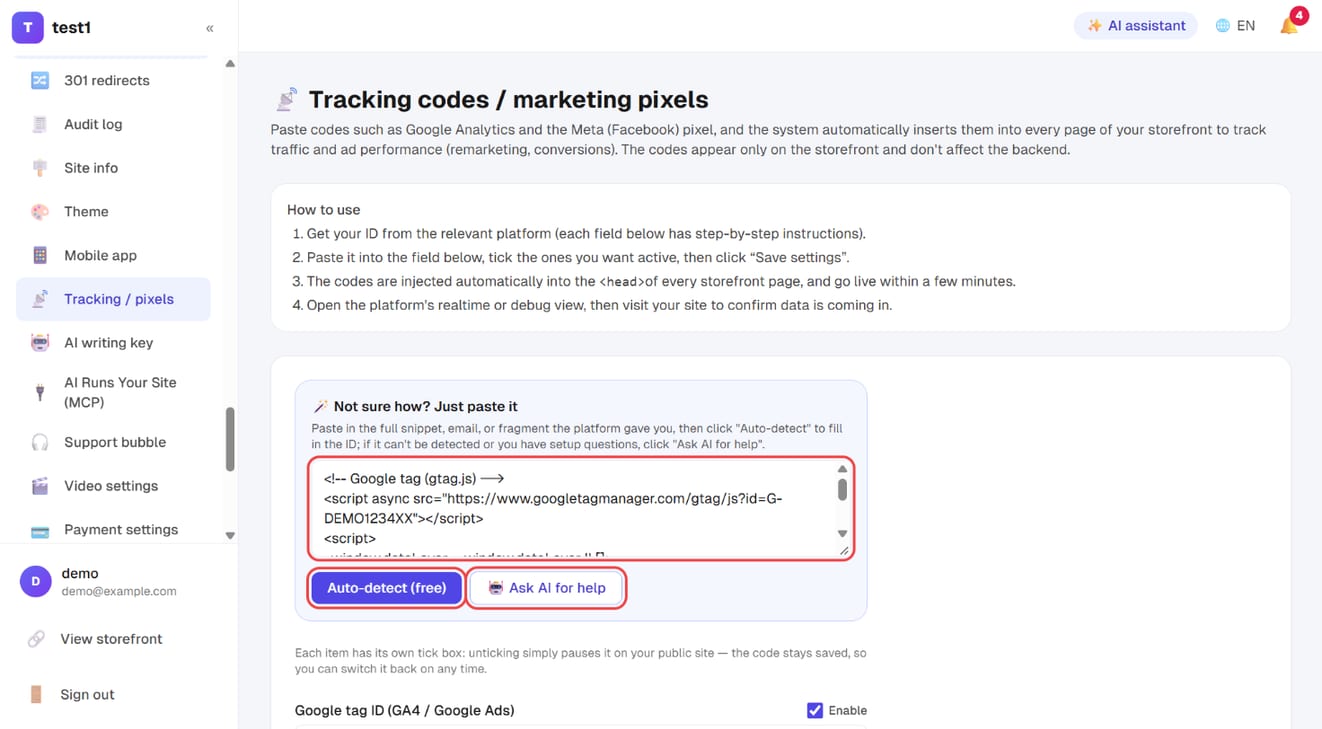 Settings → Tracking / pixels: paste the snippet, then "Auto-detect (free)" or "Ask AI for help"