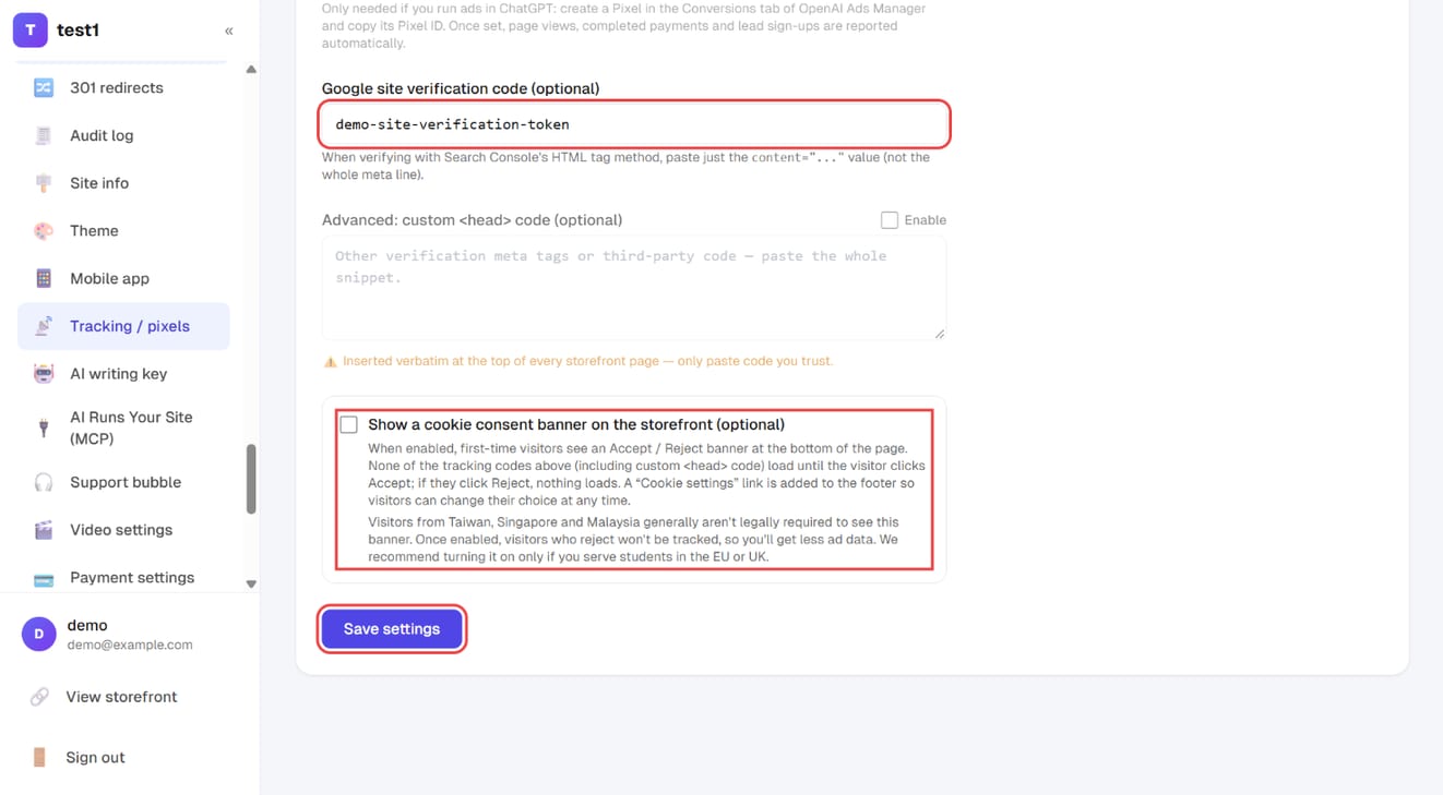Google site verification code, the cookie consent banner and "Save settings"