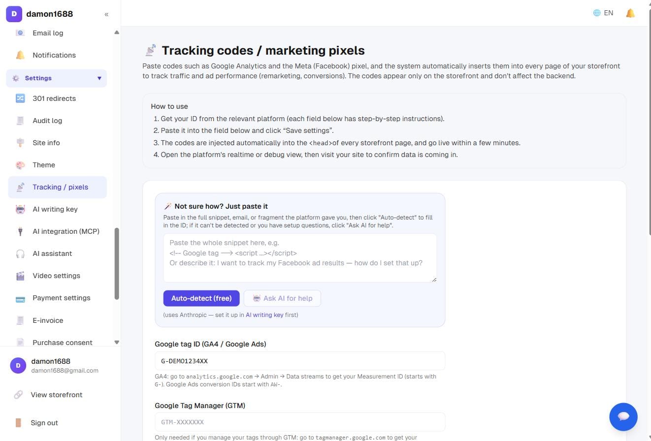 Tracking settings: the "just paste it" AI helper on top, per-platform fields below
